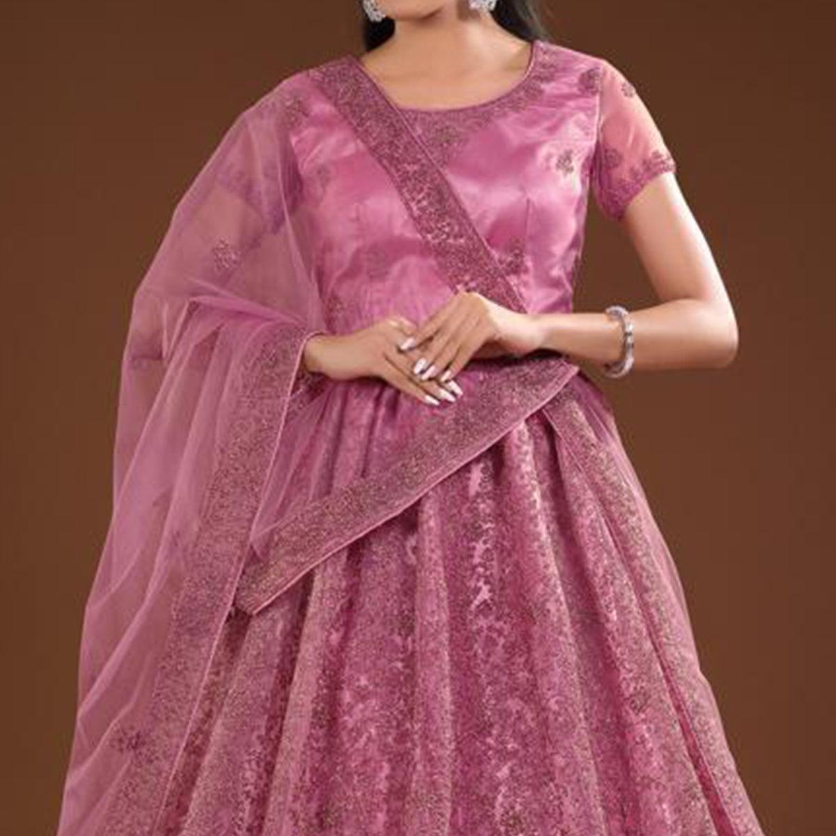 Pink Floral Embroidered Net Lehenga Choli - Peachmode