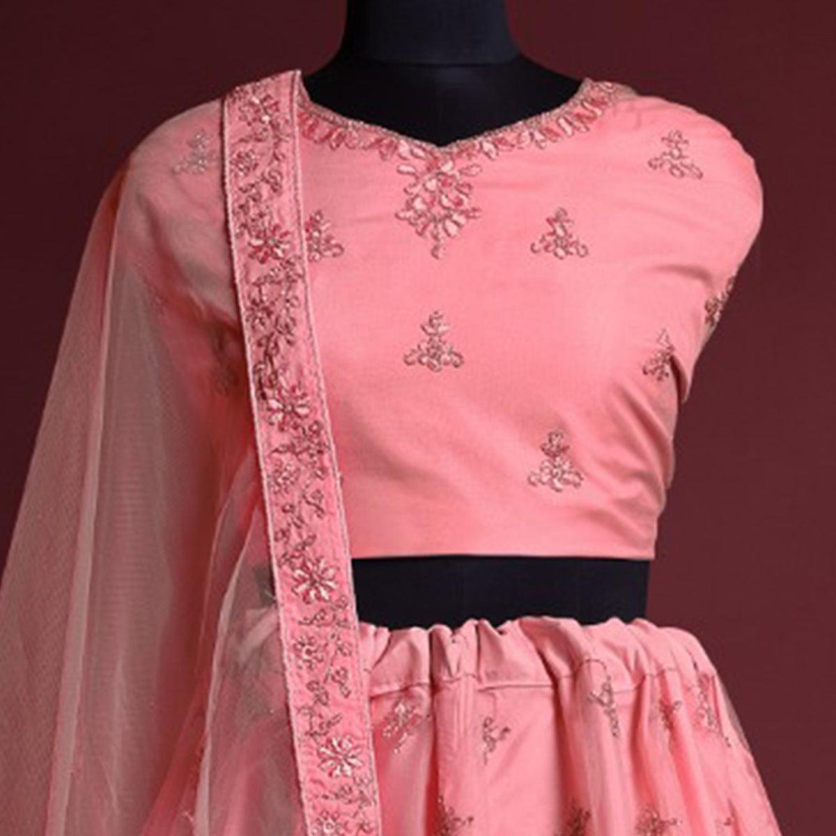 Pink Floral Embroidered Net Lehenga Choli - Peachmode