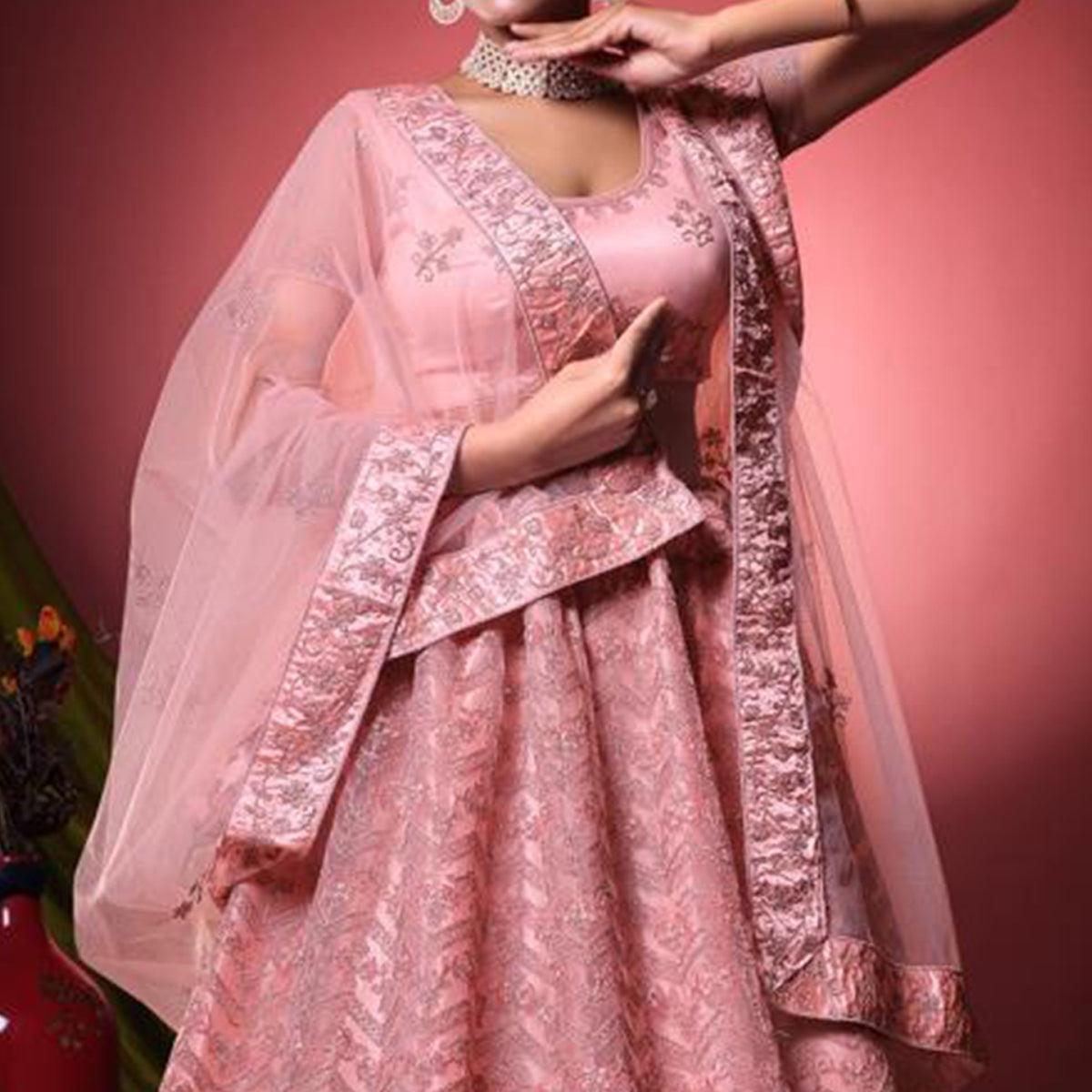 Pink Floral Embroidered Net Lehenga Choli - Peachmode