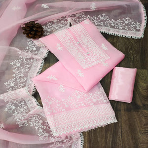 Pink Floral Embroidered Organza Dress Material - Peachmode