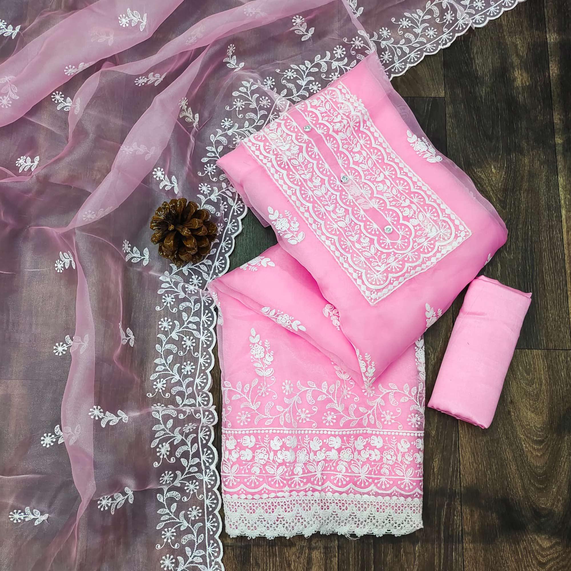 Pink Floral Embroidered Organza Dress Material - Peachmode