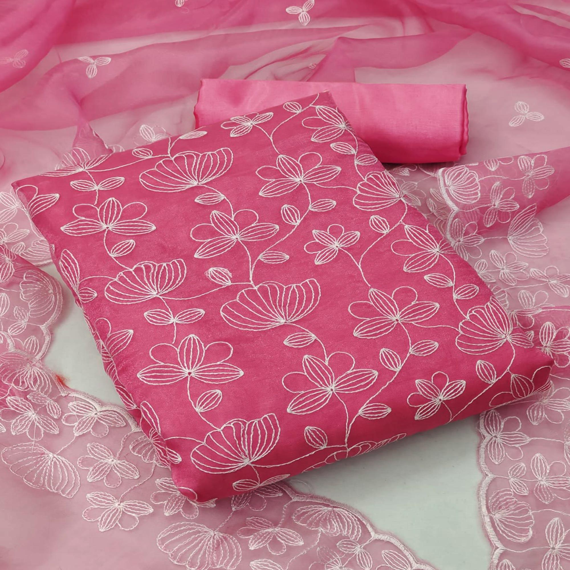 Pink Floral Embroidered Organza Dress Material - Peachmode