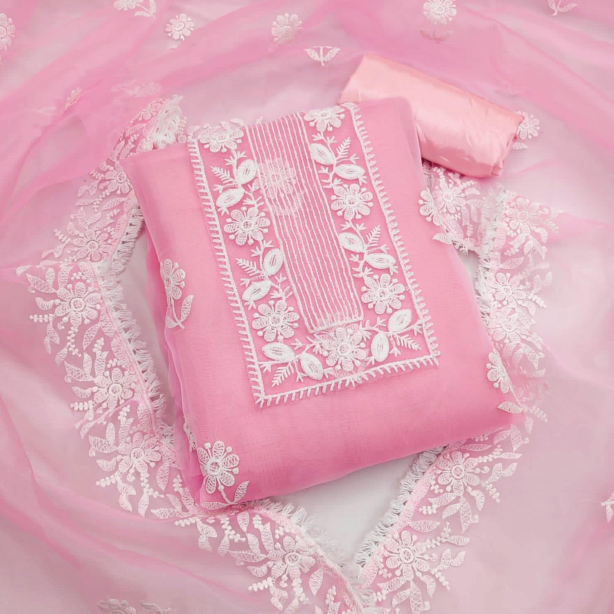 Pink Floral Embroidered Organza Dress Material - Peachmode