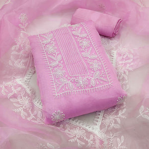 Pink Floral Embroidered Organza Dress Material - Peachmode