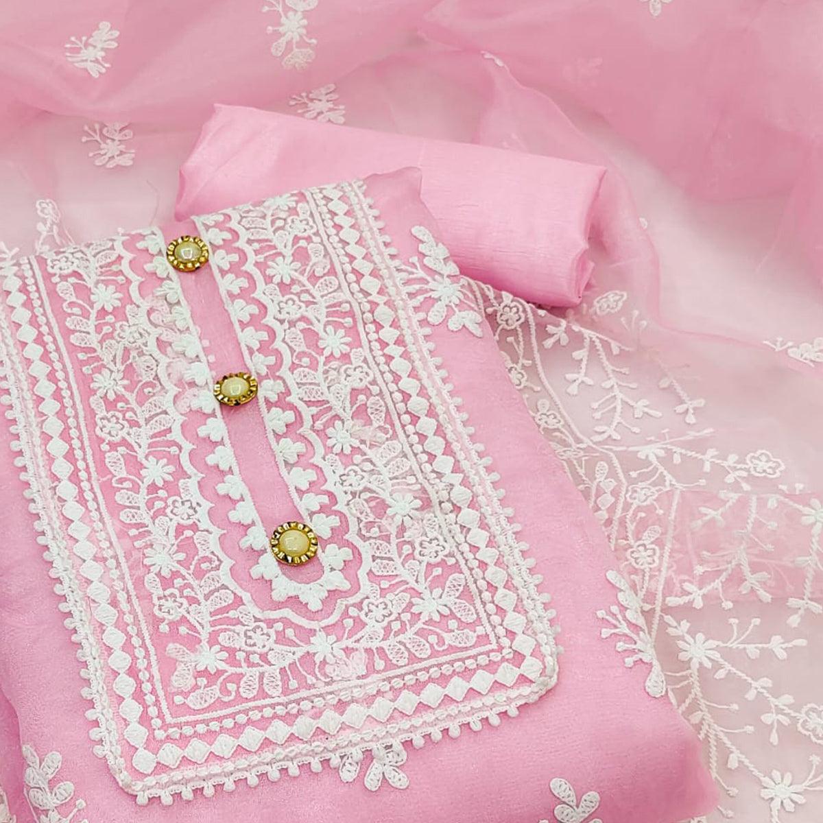 Pink Floral Embroidered Organza Dress Material - Peachmode
