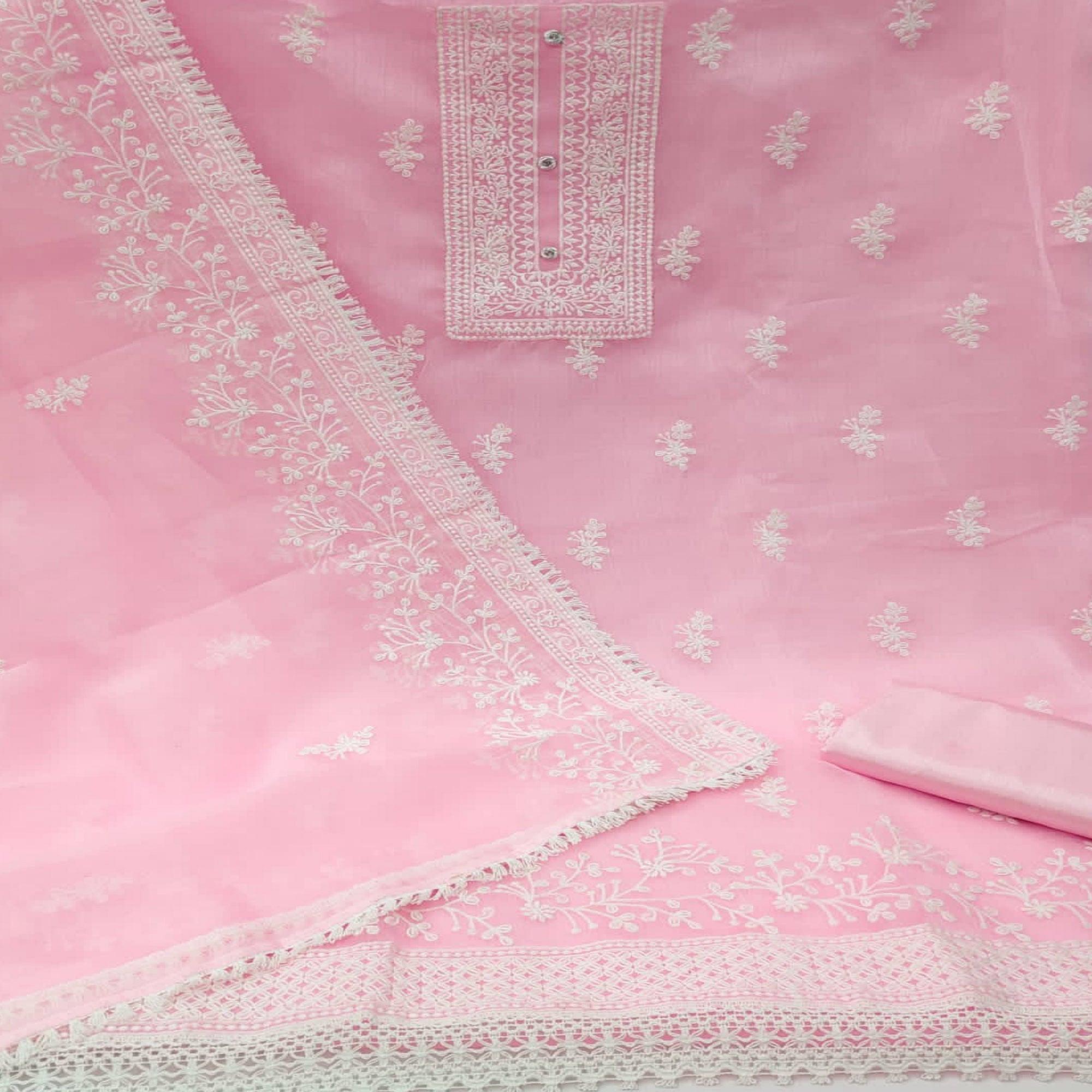 Pink Floral Embroidered Organza Dress Material - Peachmode