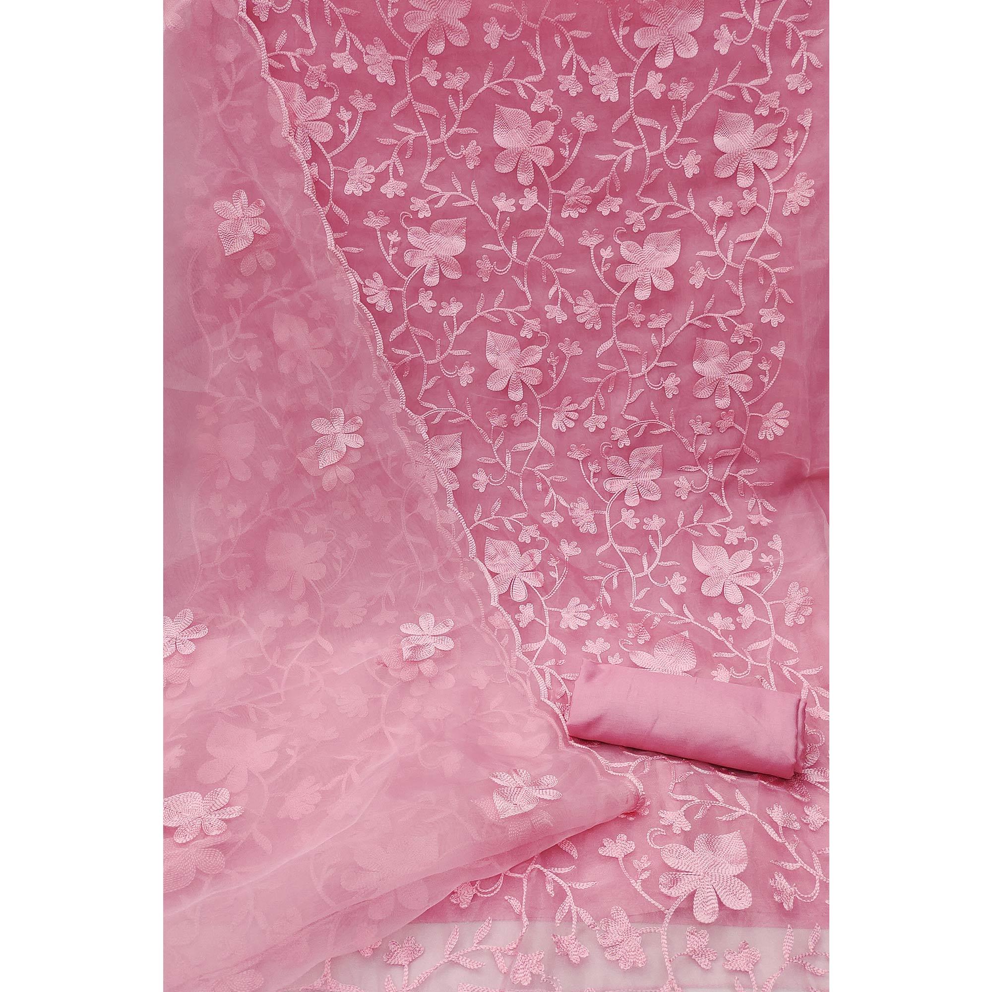 Pink Floral Embroidered Organza Dress Material - Peachmode