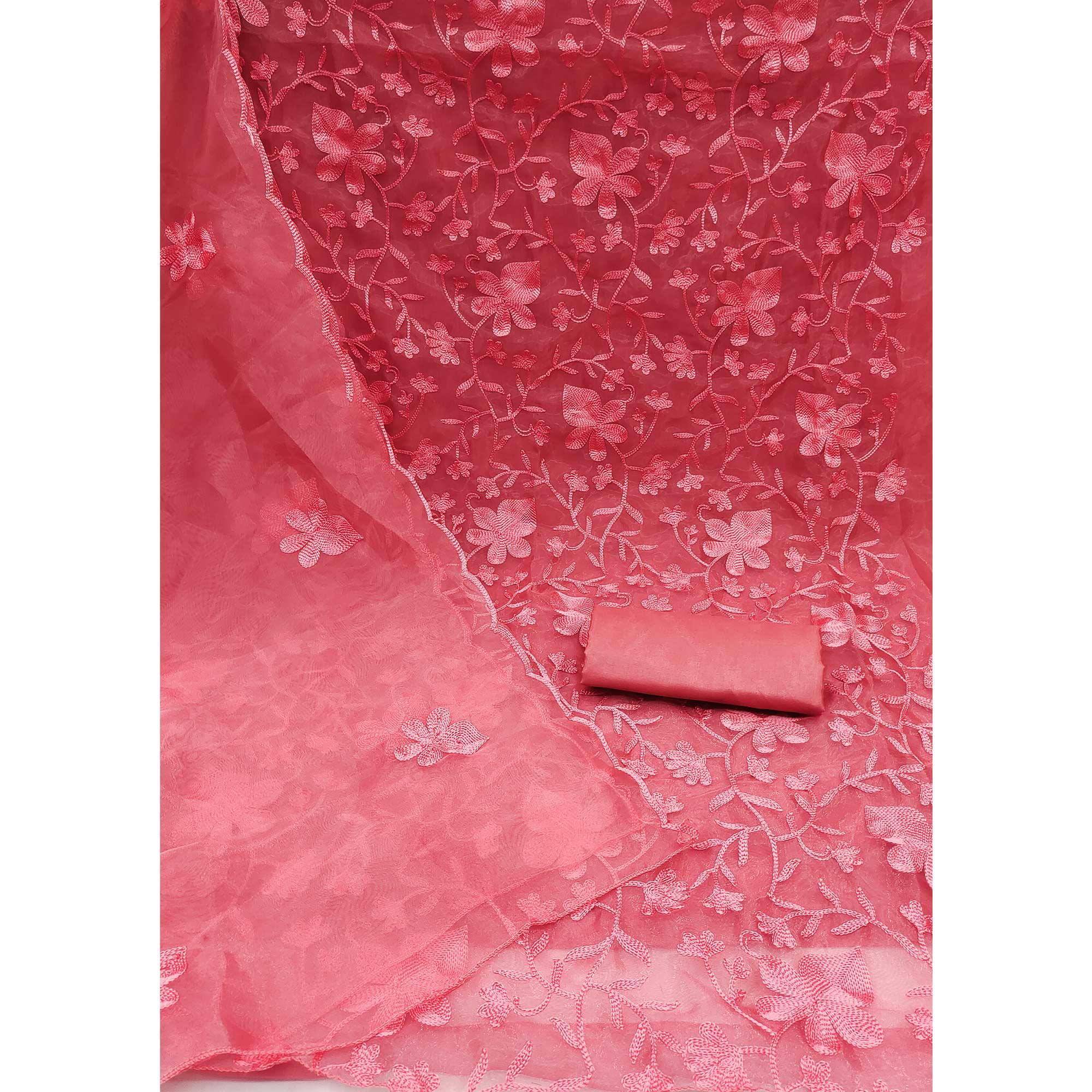 Pink Floral Embroidered Organza Dress Material - Peachmode