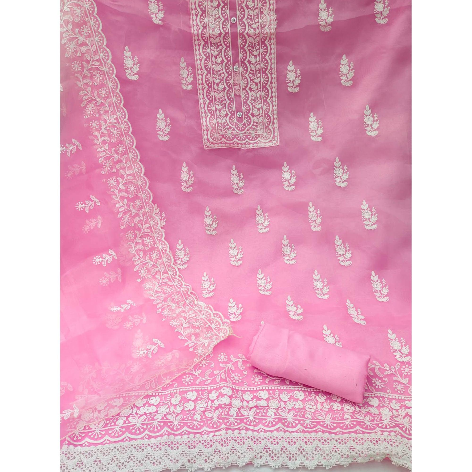 Pink Floral Embroidered Organza Dress Material - Peachmode
