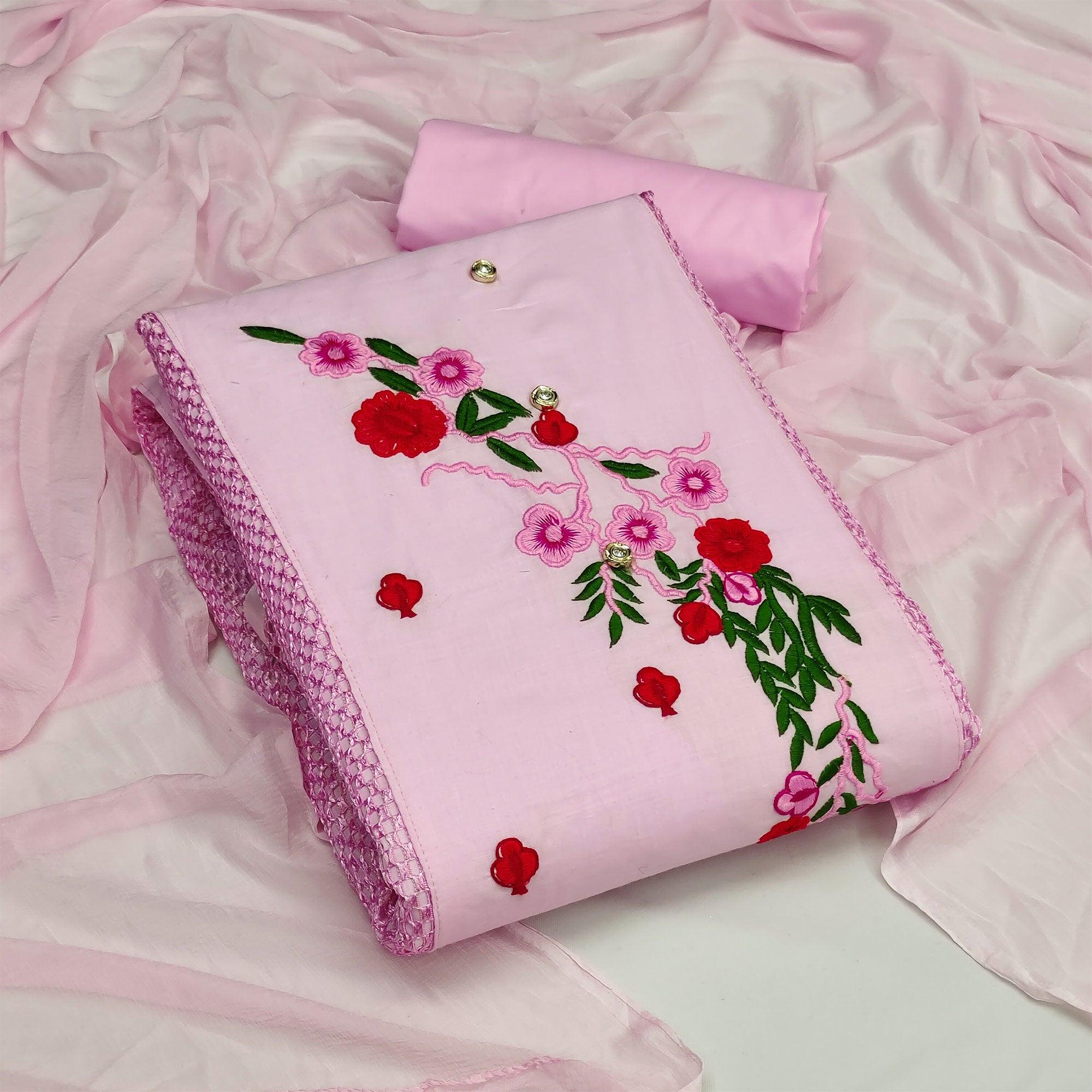 Pink Floral Embroidered Pure Cotton Dress Material - Peachmode