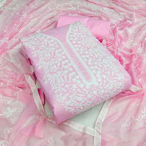Pink Floral Embroidered Pure Cotton Dress Material - Peachmode