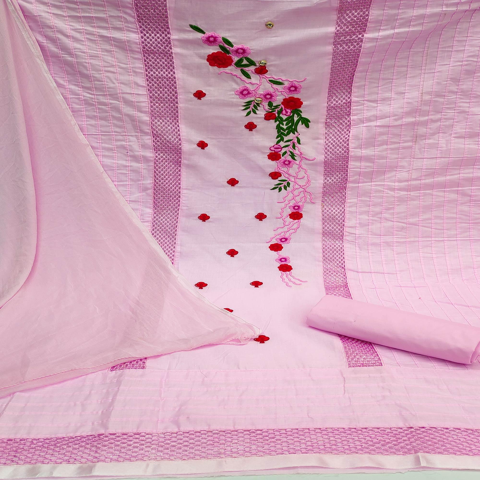Pink Floral Embroidered Pure Cotton Dress Material - Peachmode