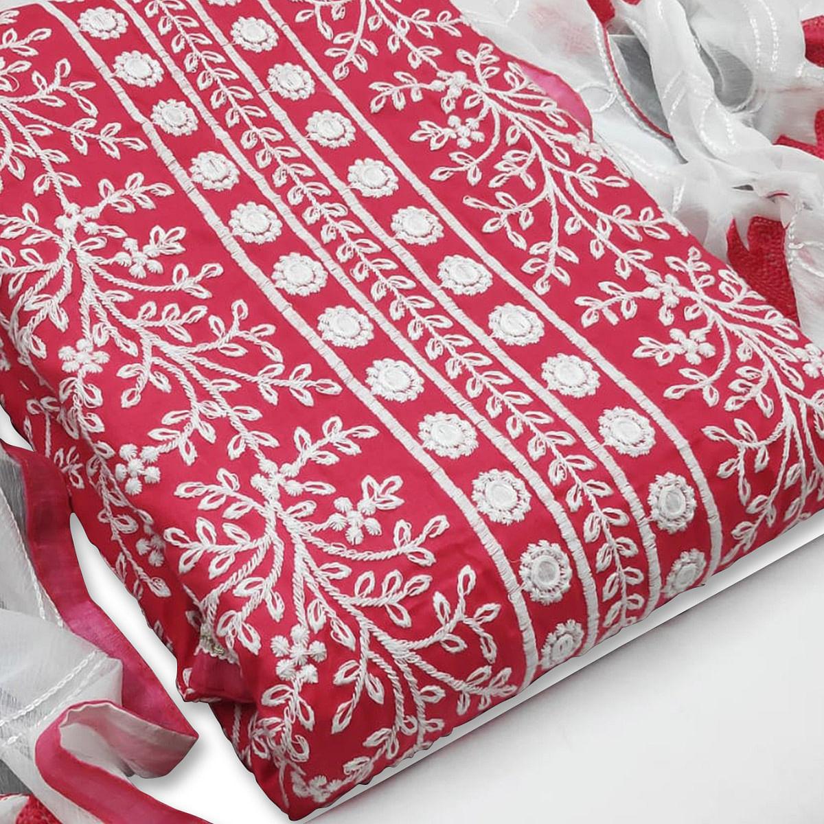 Pink Floral Embroidered Pure Cotton Dress Material - Peachmode