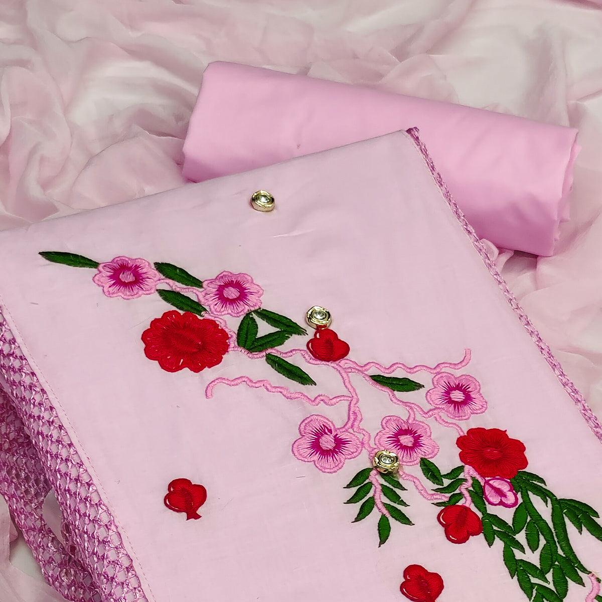 Pink Floral Embroidered Pure Cotton Dress Material - Peachmode