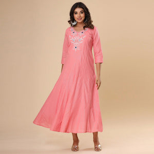 Pink Floral Embroidered Pure Cotton Dress - Peachmode