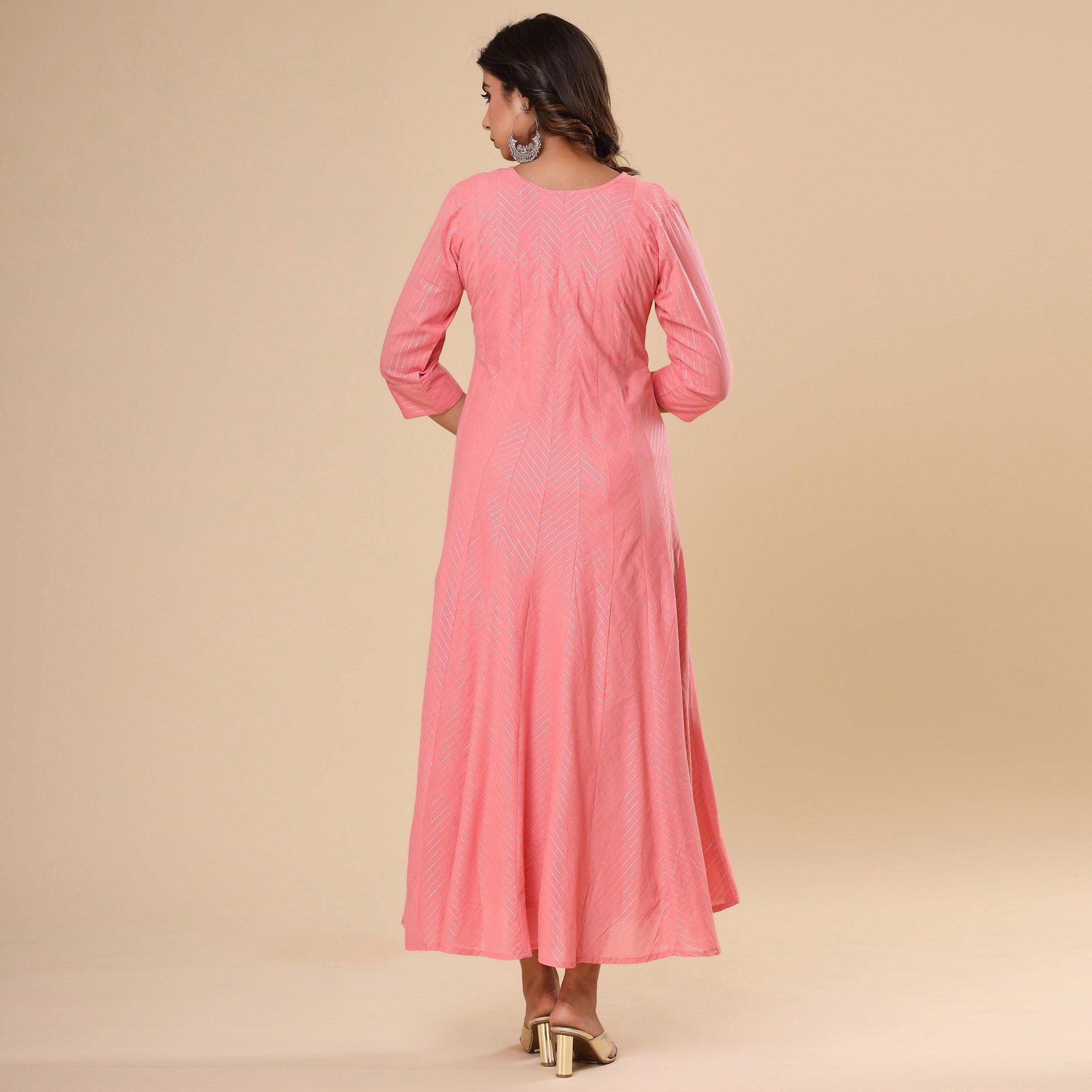 Pink Floral Embroidered Pure Cotton Dress - Peachmode
