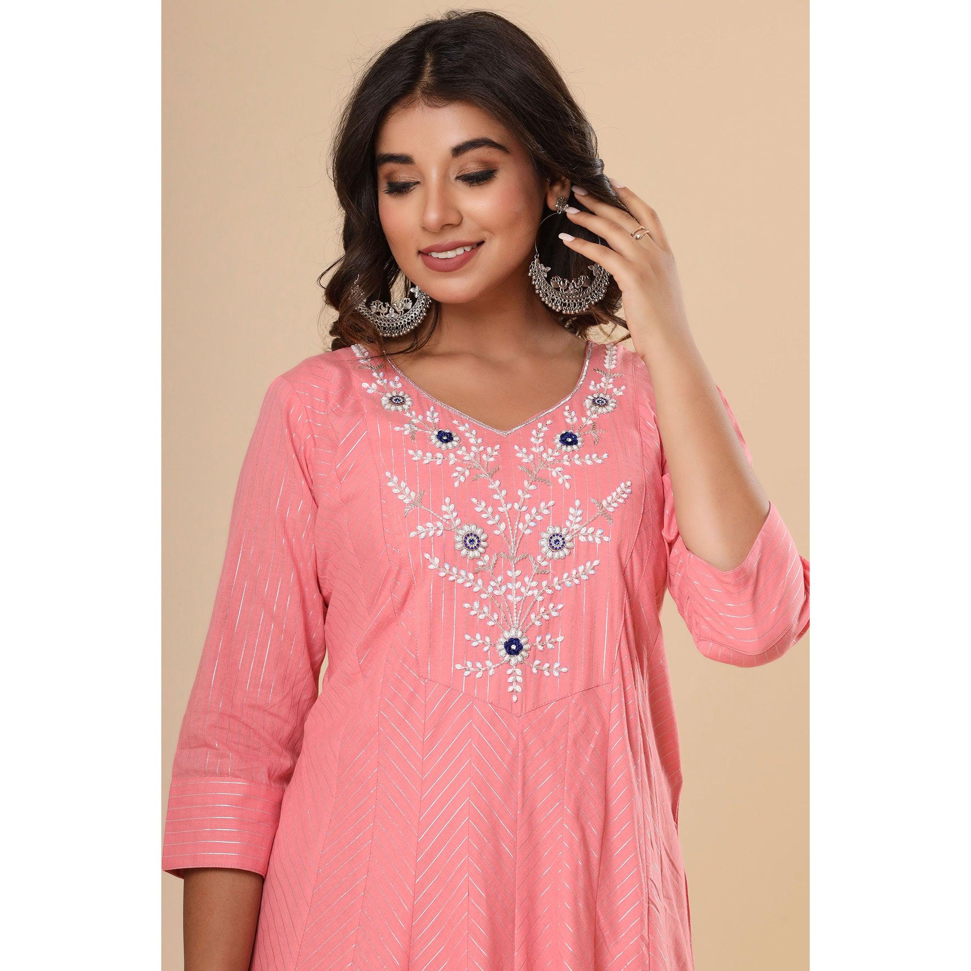 Pink Floral Embroidered Pure Cotton Dress - Peachmode