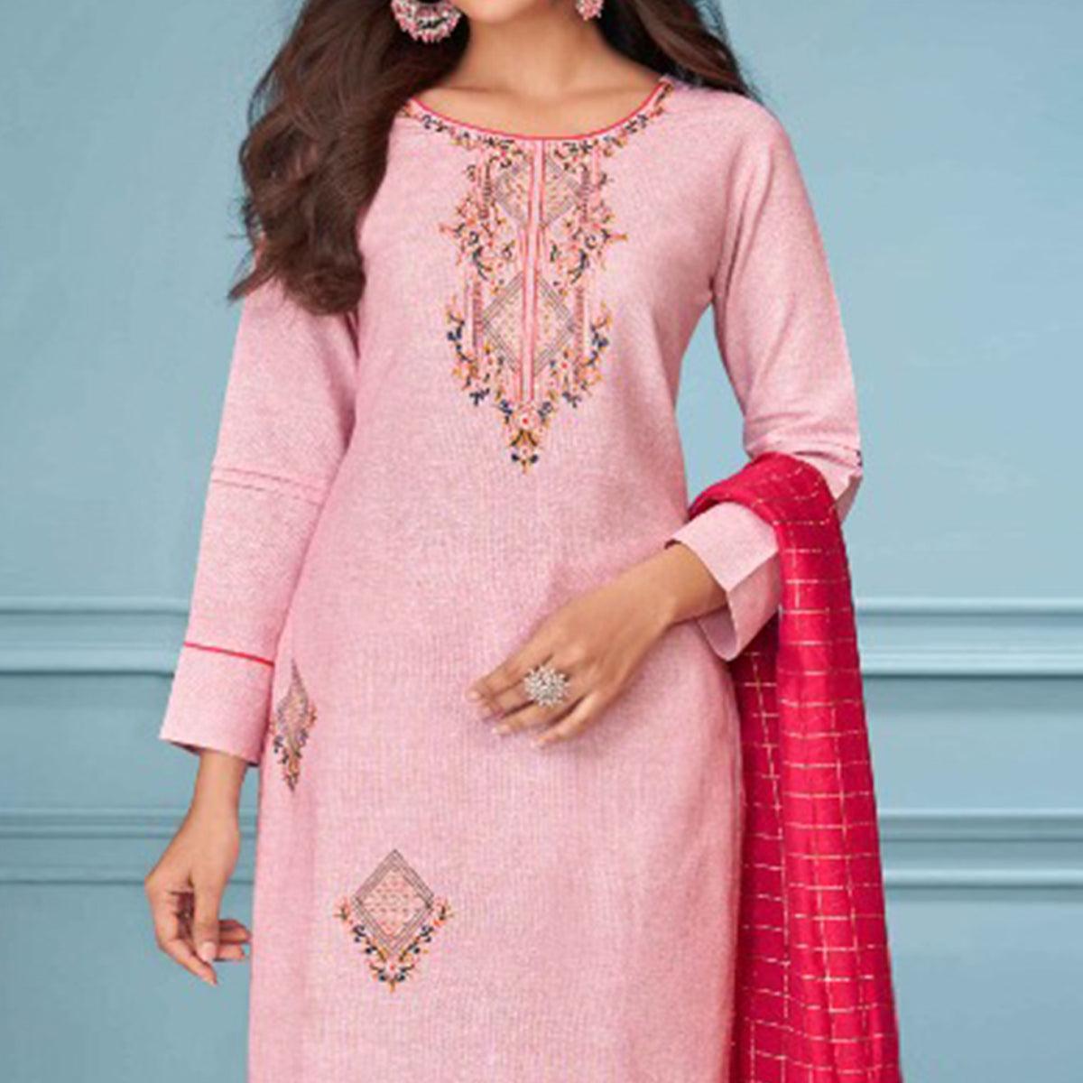 Pink Floral Embroidered Pure Cotton Kurti Pant Set With Dupatta - Peachmode