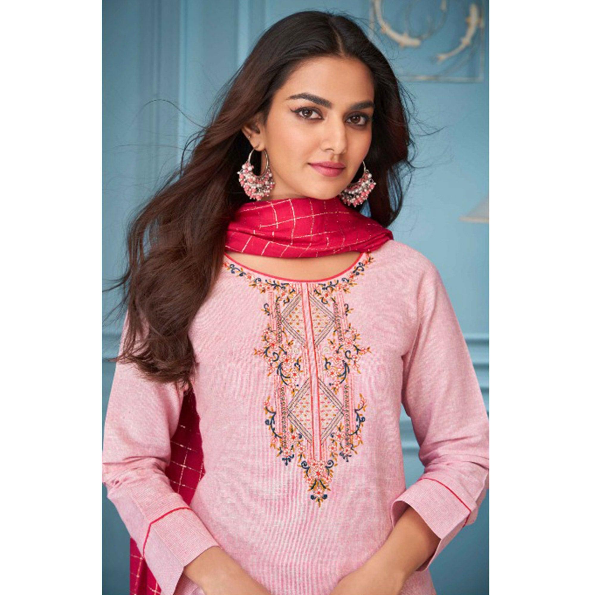 Pink Floral Embroidered Pure Cotton Kurti Pant Set With Dupatta - Peachmode