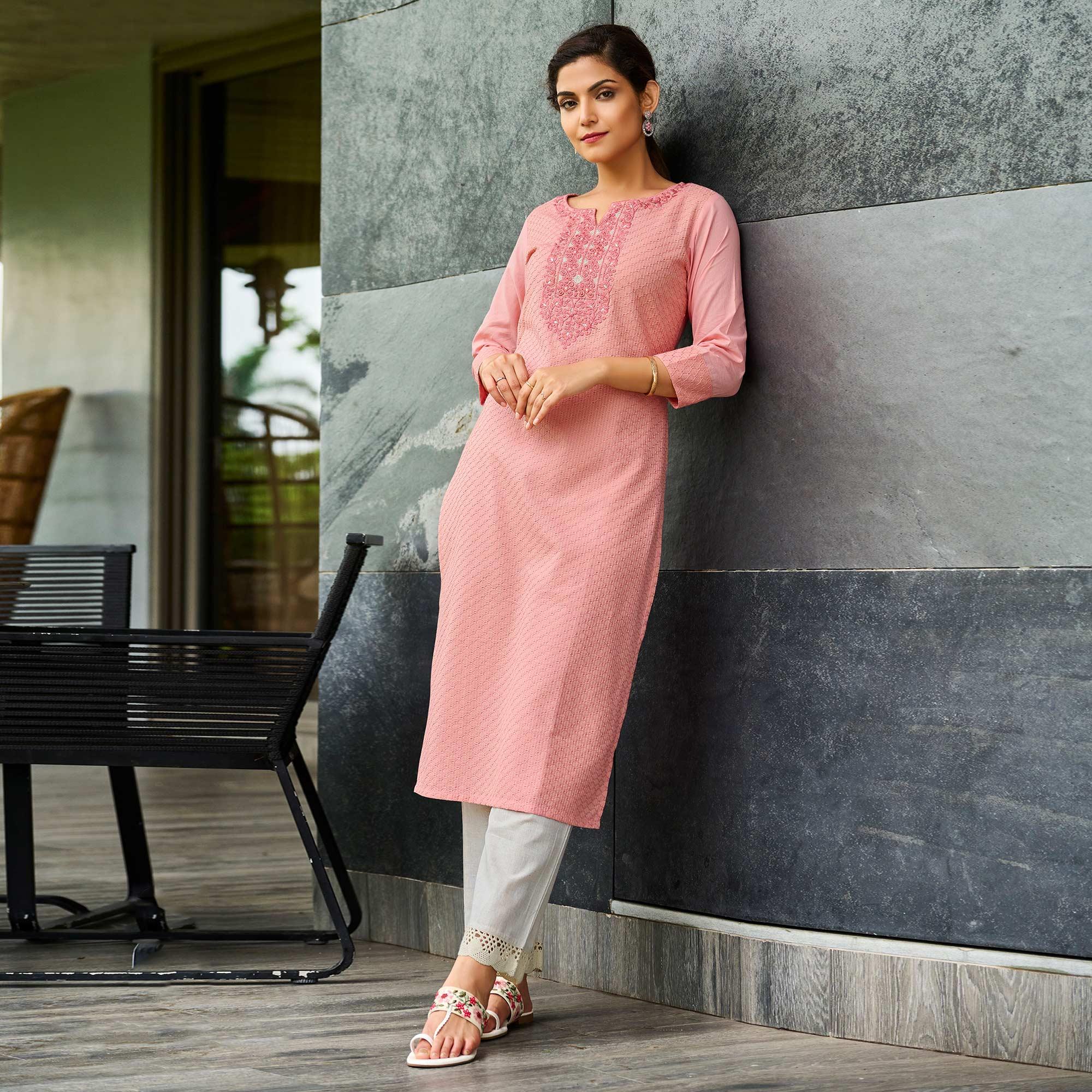 Pink Floral Embroidered Pure Cotton Kurti - Peachmode