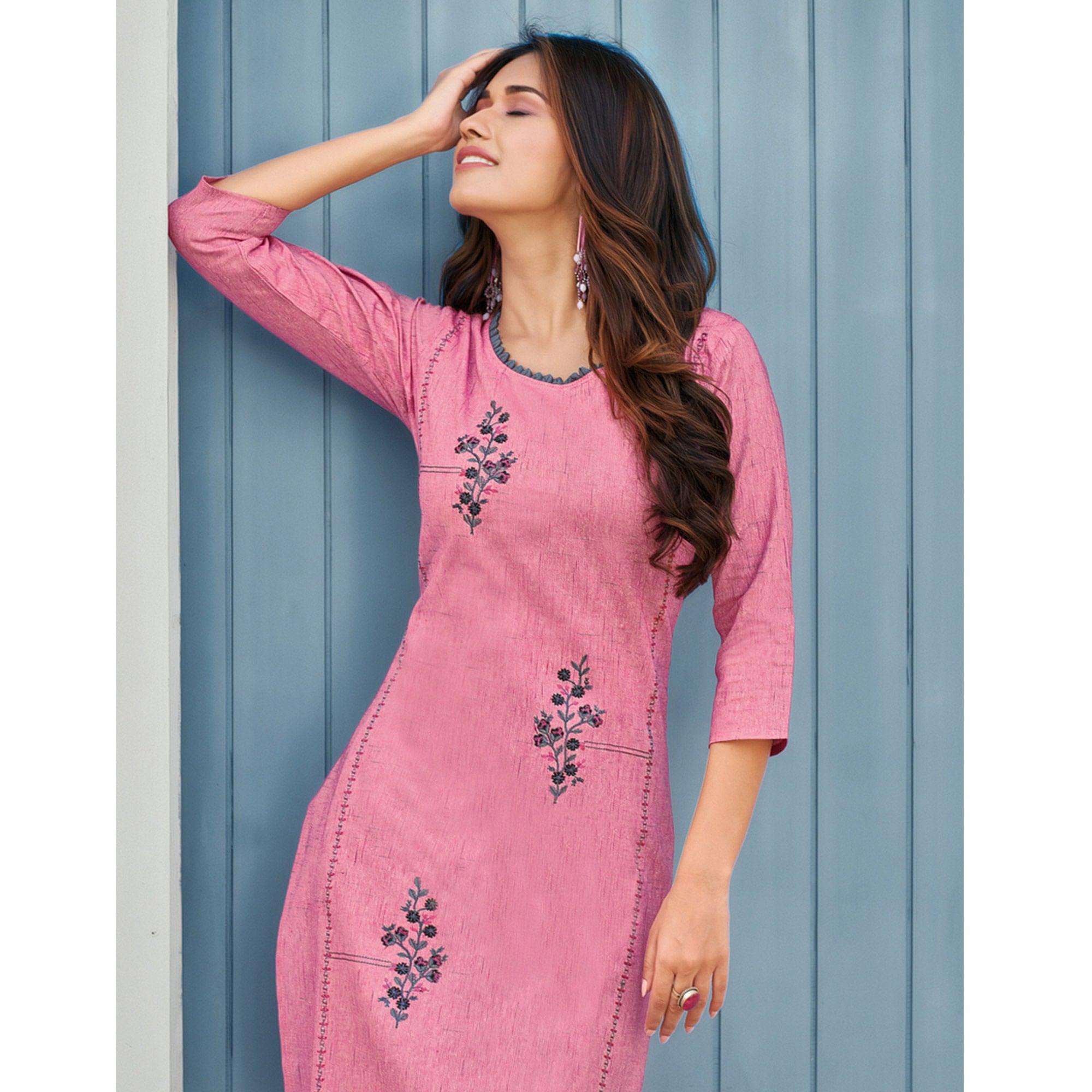 Pink Floral Embroidered Pure Cotton Kurti - Peachmode