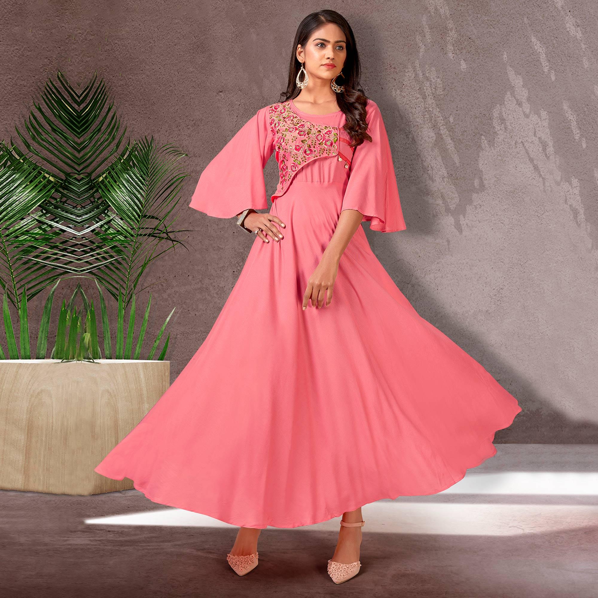 Pink Floral Embroidered Rayon Gown - Peachmode