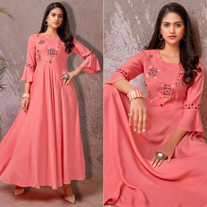 Pink Floral Embroidered Rayon Gown - Peachmode