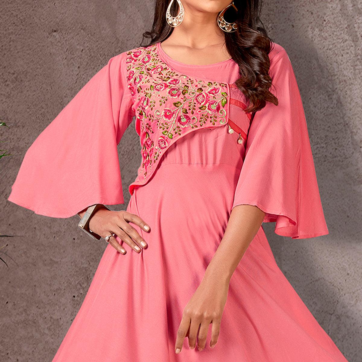 Pink Floral Embroidered Rayon Gown - Peachmode
