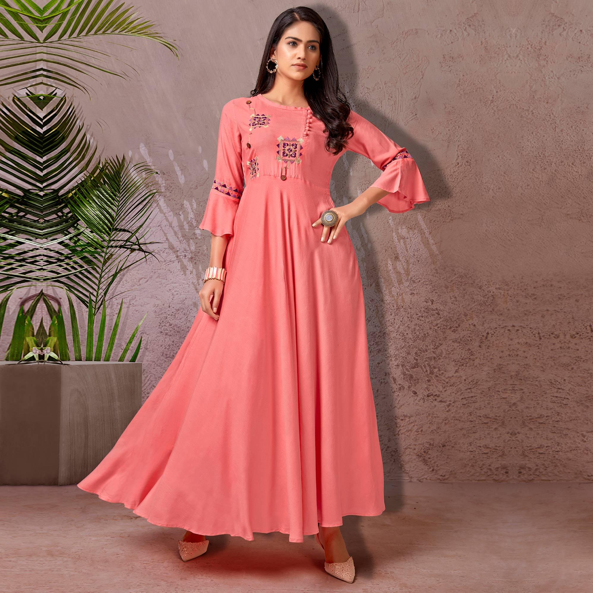 Pink Floral Embroidered Rayon Gown - Peachmode