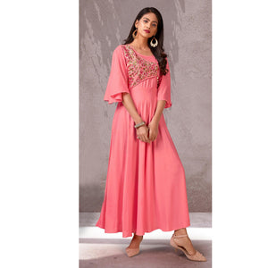 Pink Floral Embroidered Rayon Gown - Peachmode