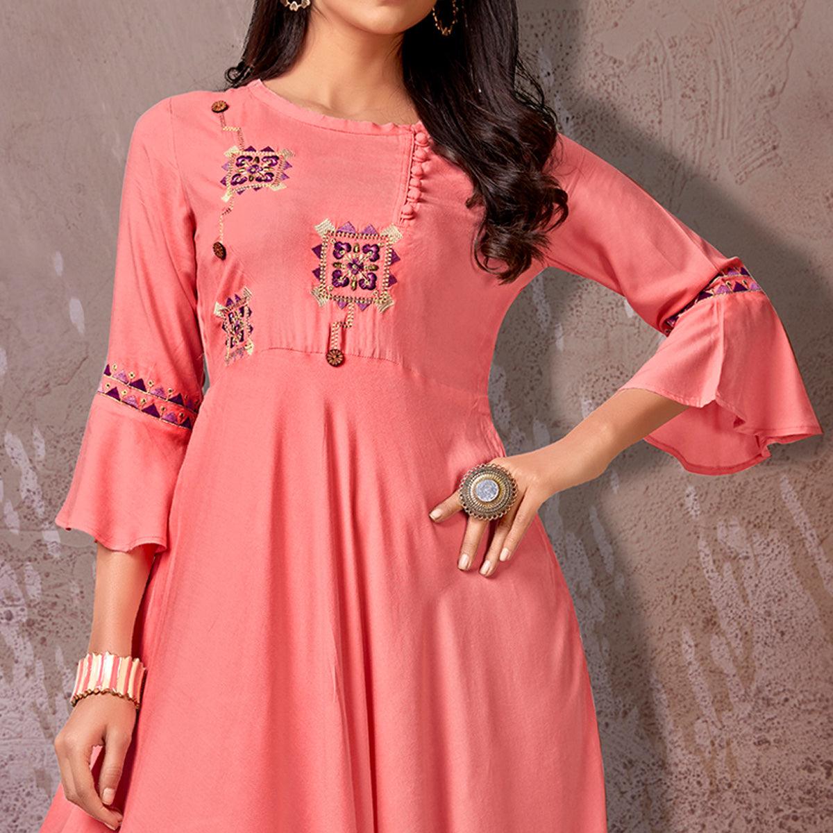 Pink Floral Embroidered Rayon Gown - Peachmode