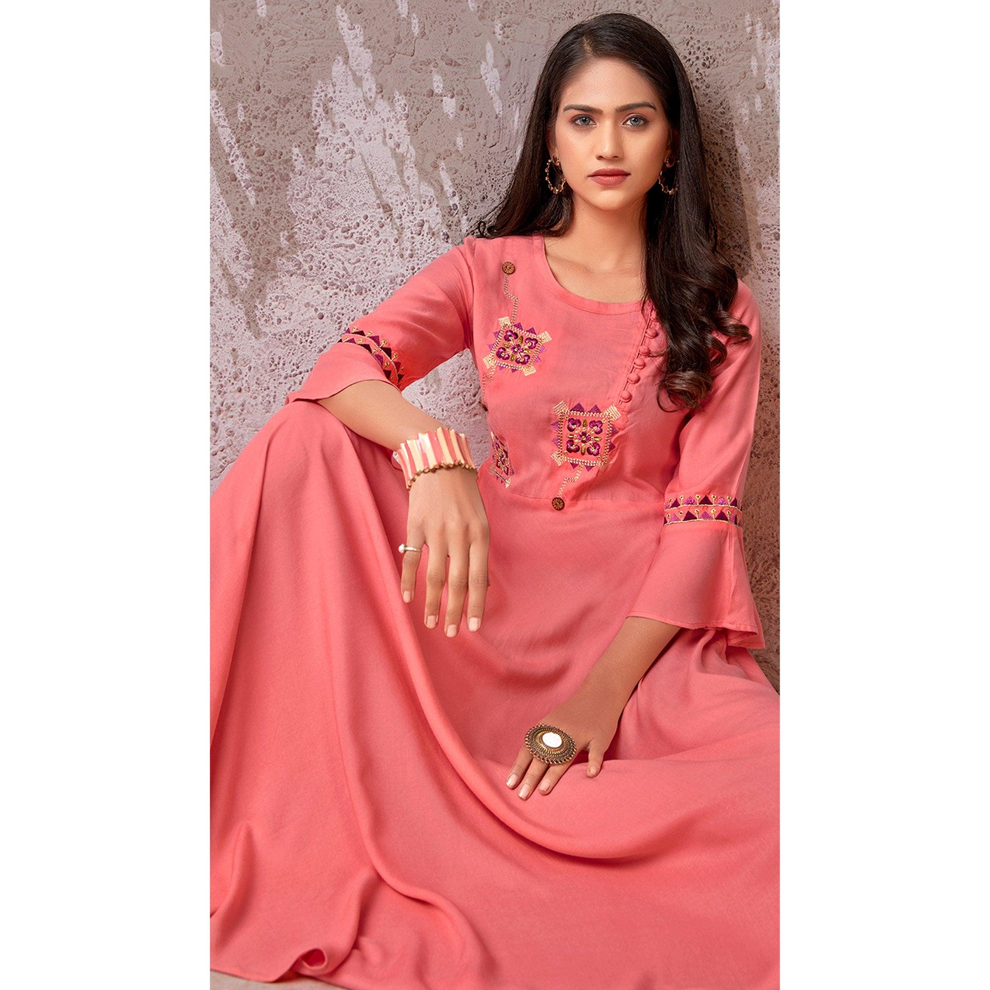 Pink Floral Embroidered Rayon Gown - Peachmode