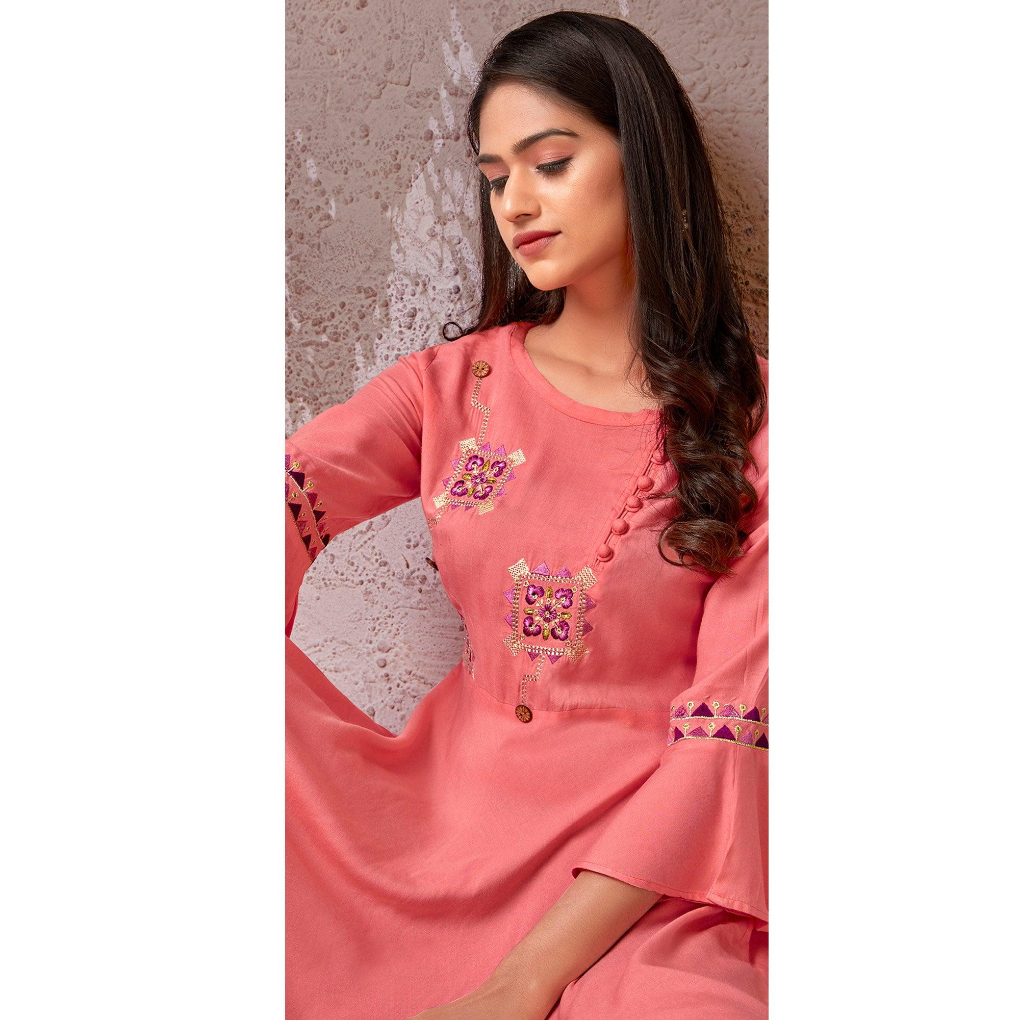 Pink Floral Embroidered Rayon Gown - Peachmode