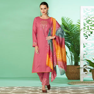 Pink Floral Embroidered Rayon Kurti Pant Set - Peachmode