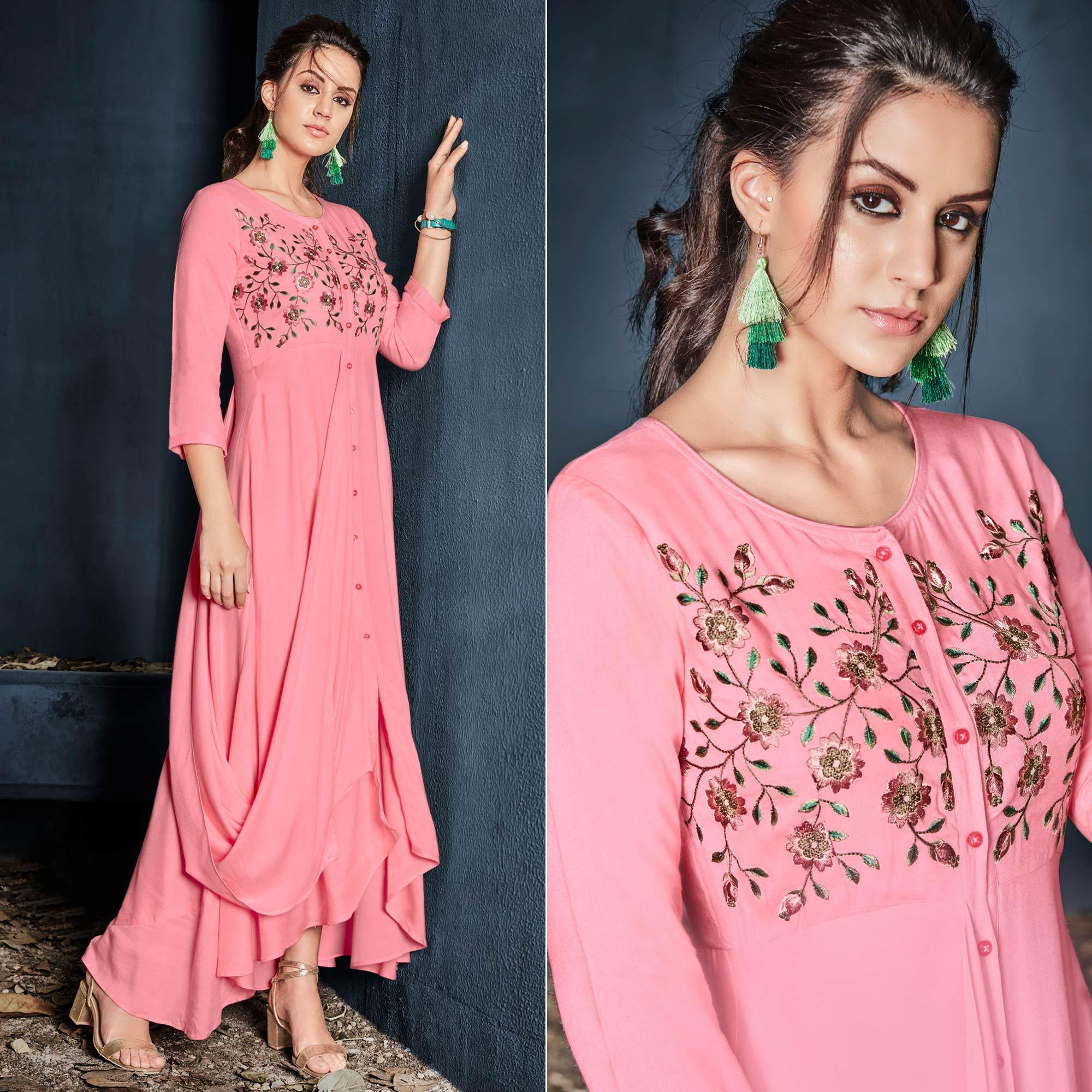 Pink Floral Embroidered Rayon Long Kurti - Peachmode