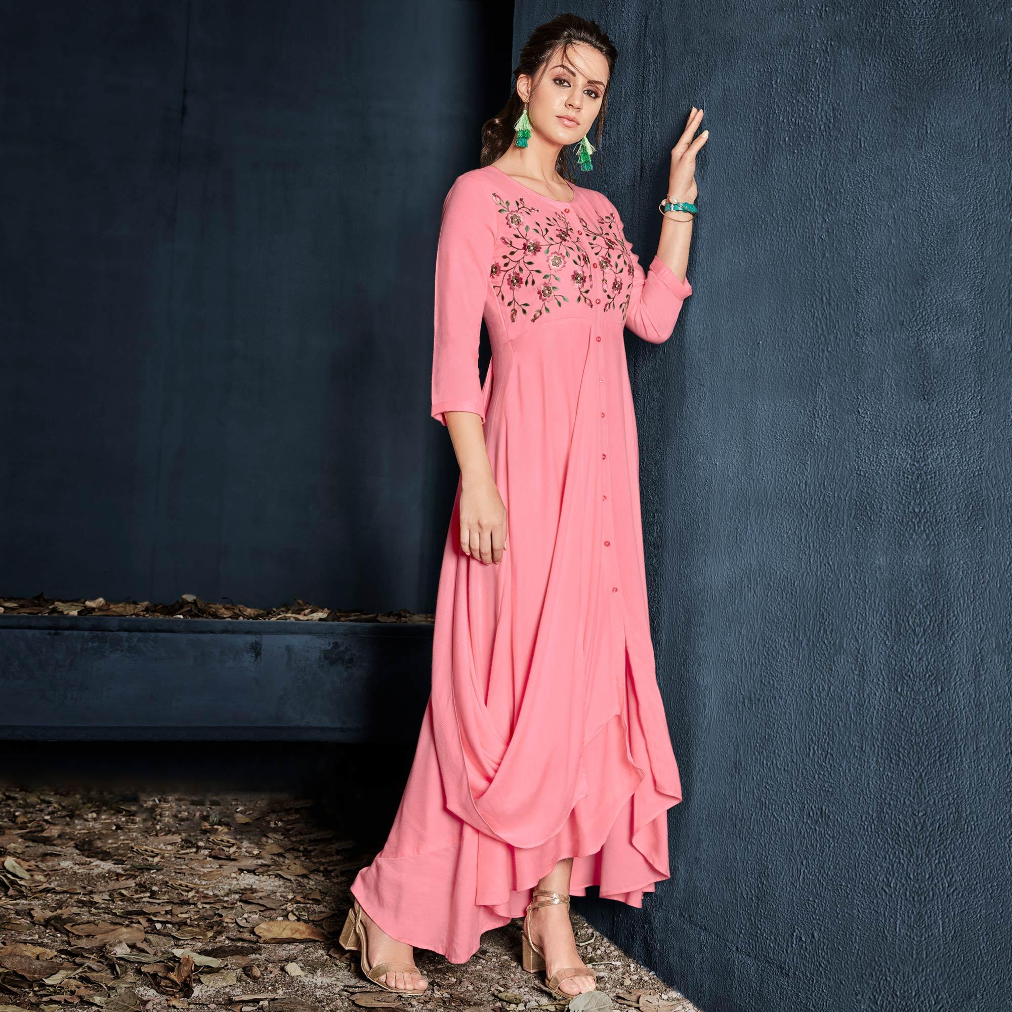 Pink Floral Embroidered Rayon Long Kurti - Peachmode