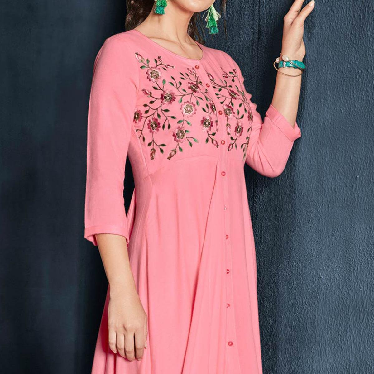 Pink Floral Embroidered Rayon Long Kurti - Peachmode