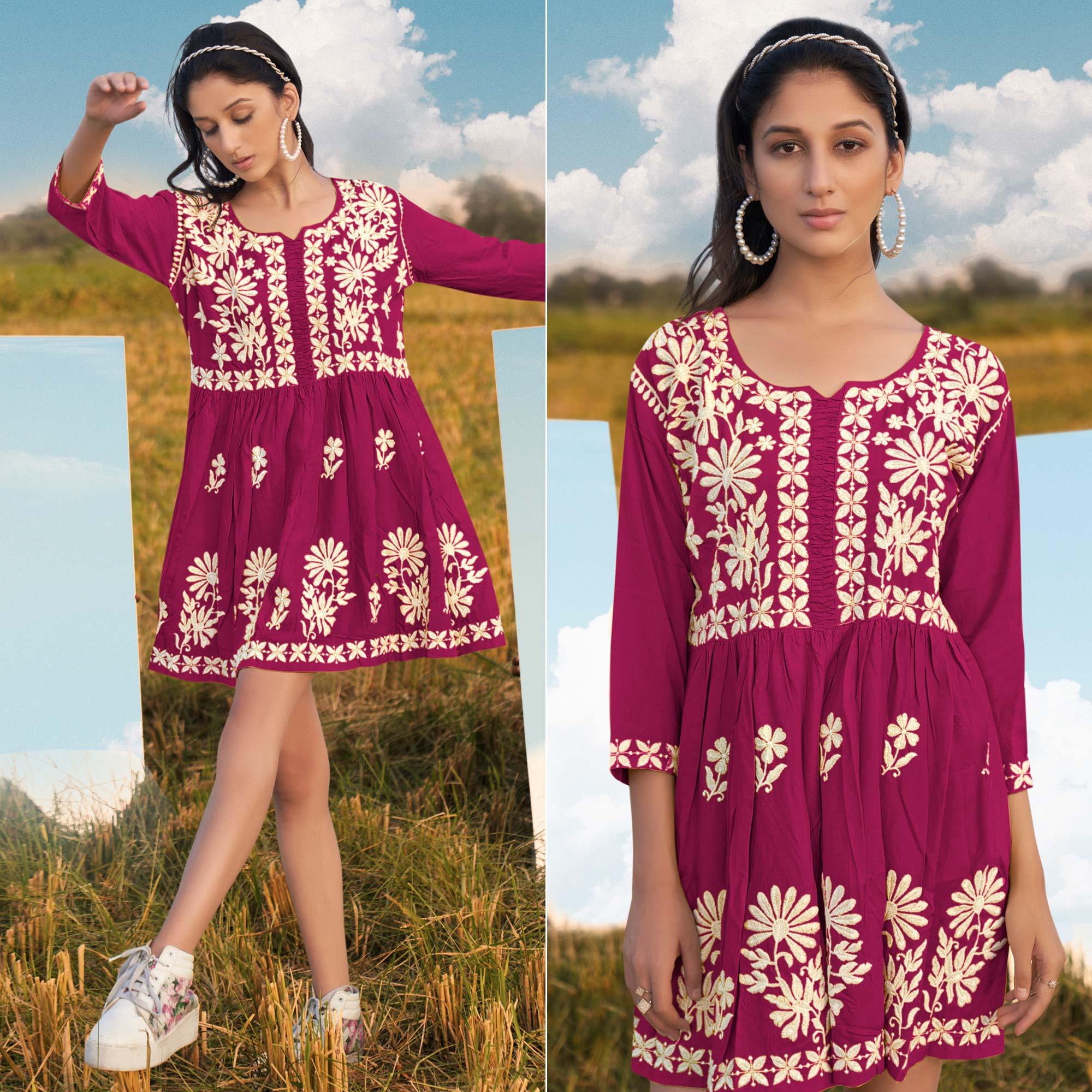 Pink Floral Embroidered Rayon Top - Peachmode