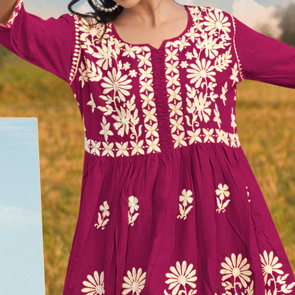 Pink Floral Embroidered Rayon Top - Peachmode