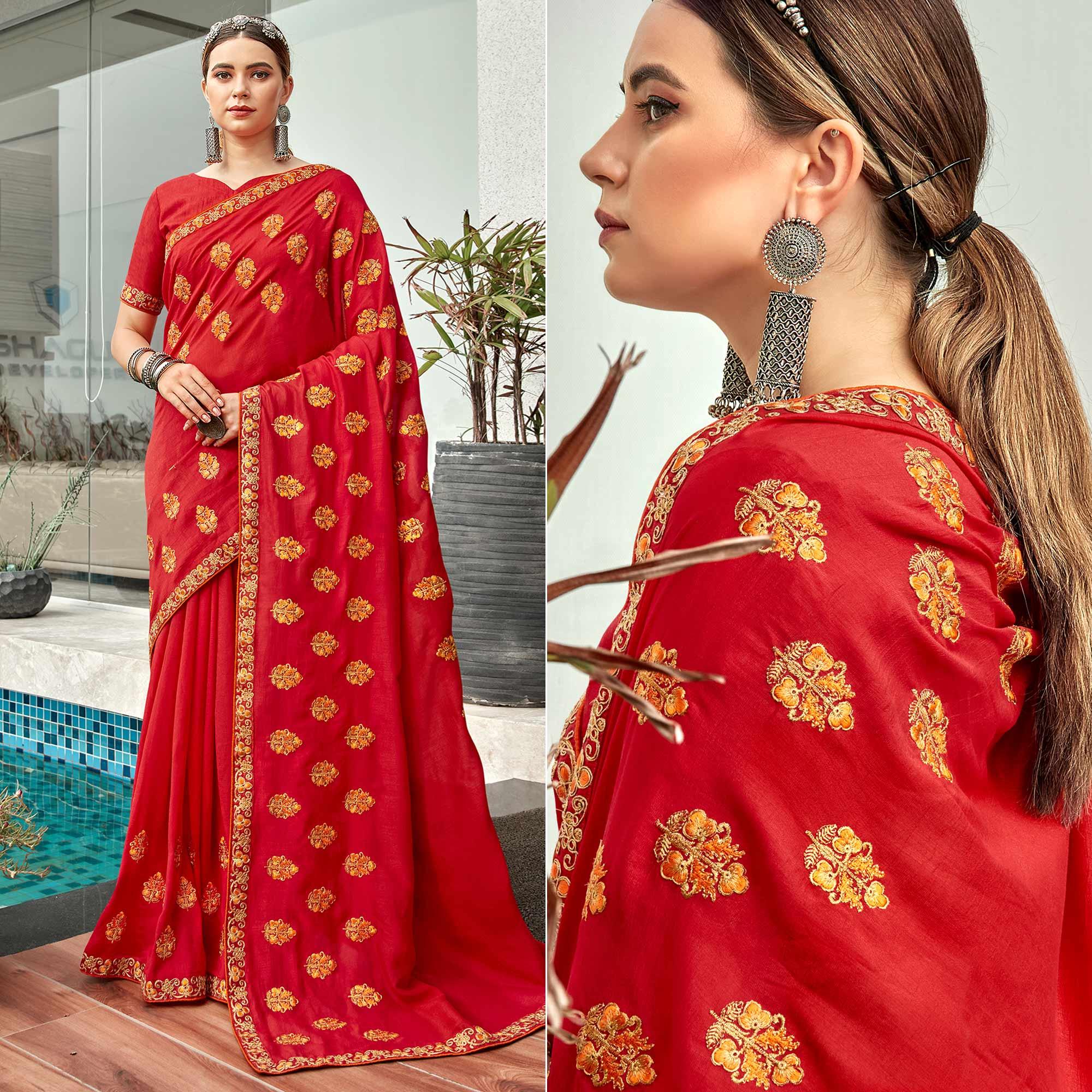 Pink Floral Embroidered Vichitra Silk Saree - Peachmode