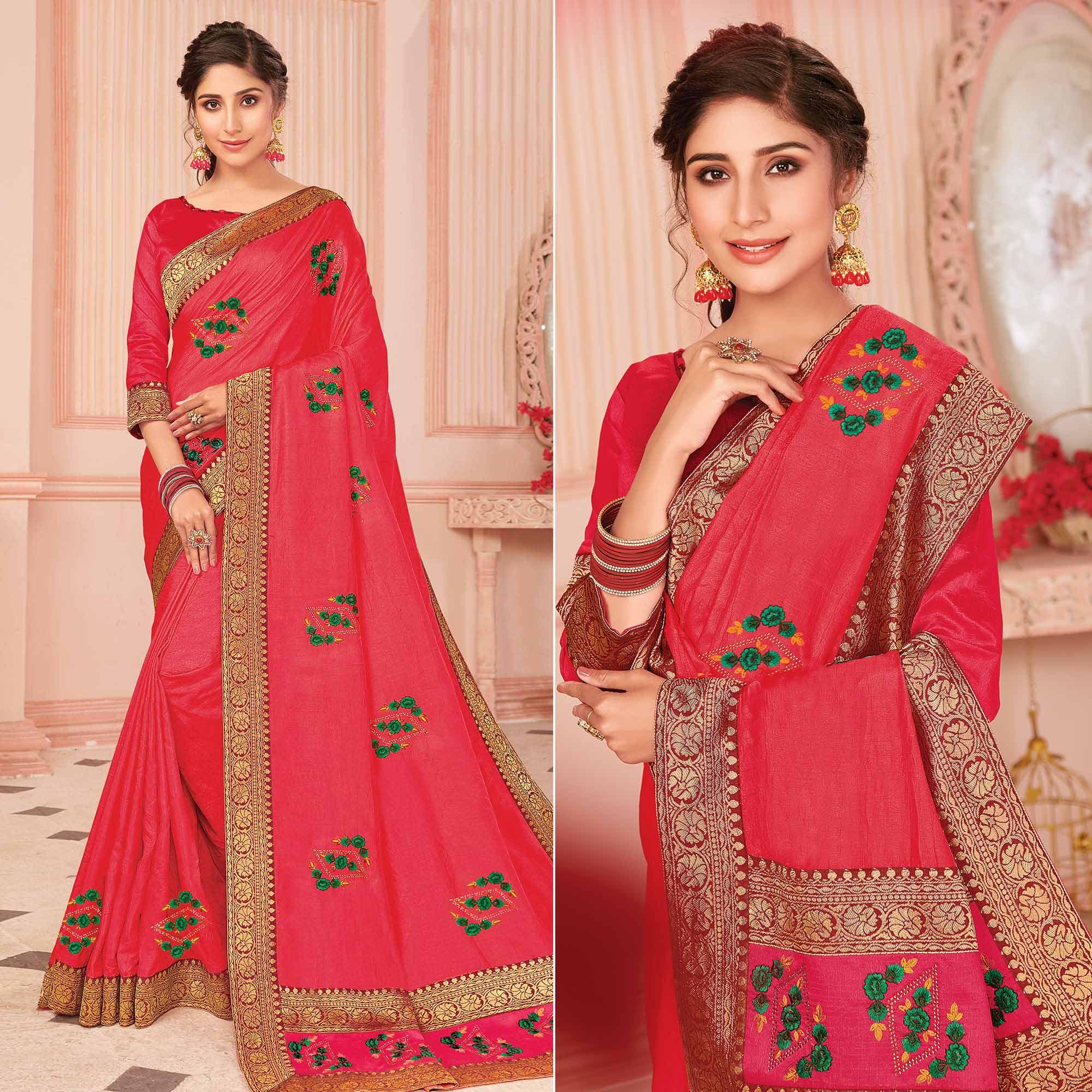Pink Floral Embroidered Vichitra Silk Saree - Peachmode