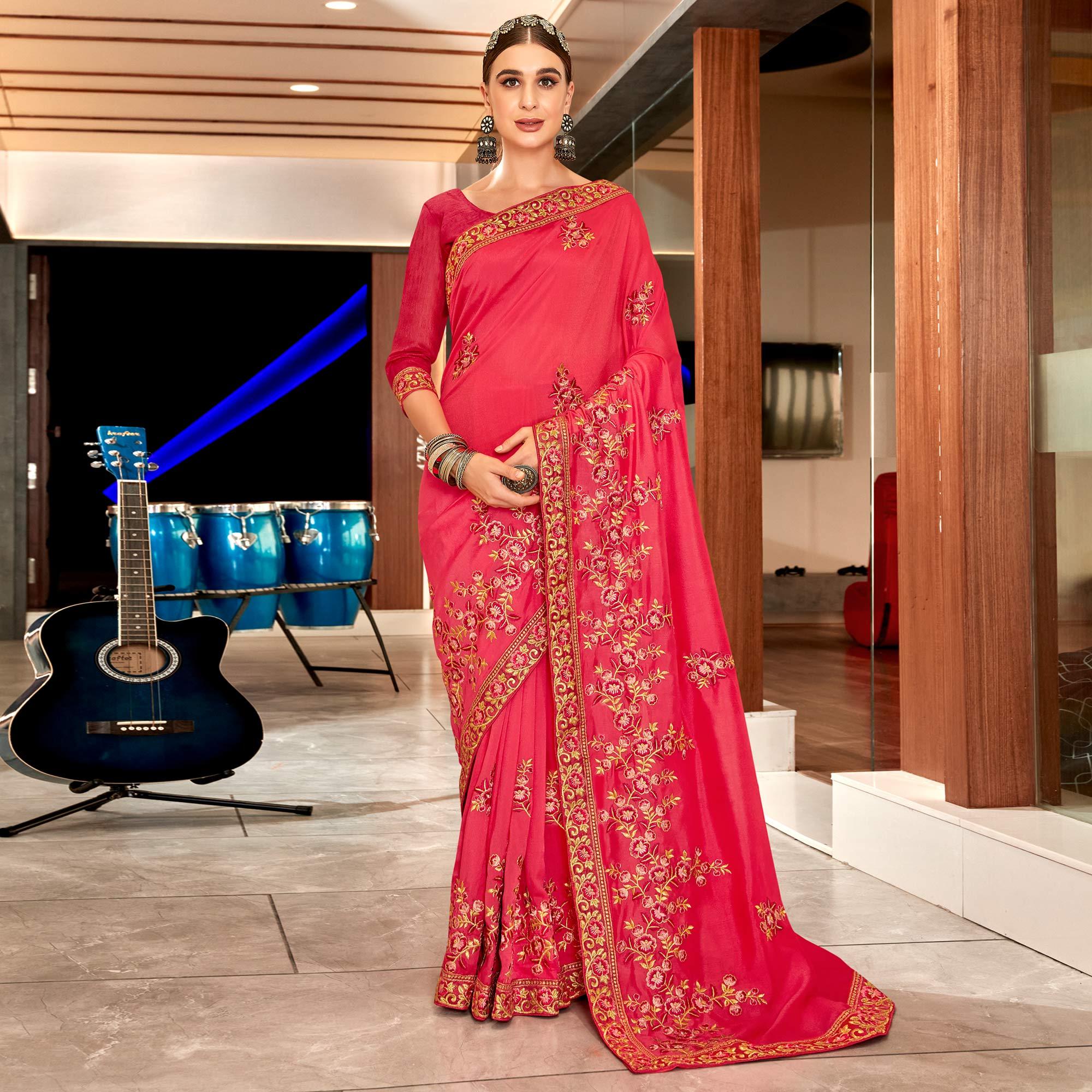 Pink Floral Embroidered Vichitra Silk Saree - Peachmode