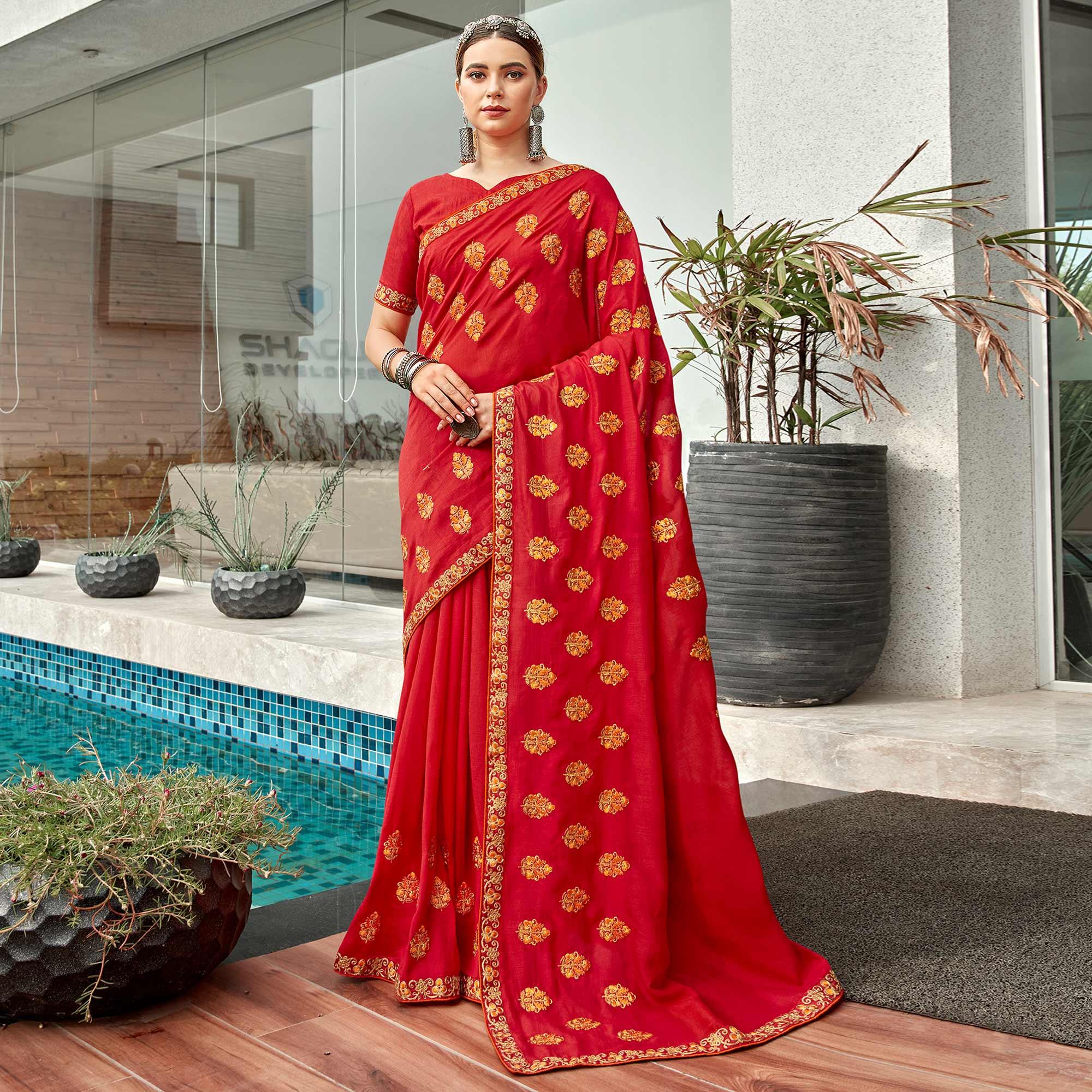 Pink Floral Embroidered Vichitra Silk Saree - Peachmode