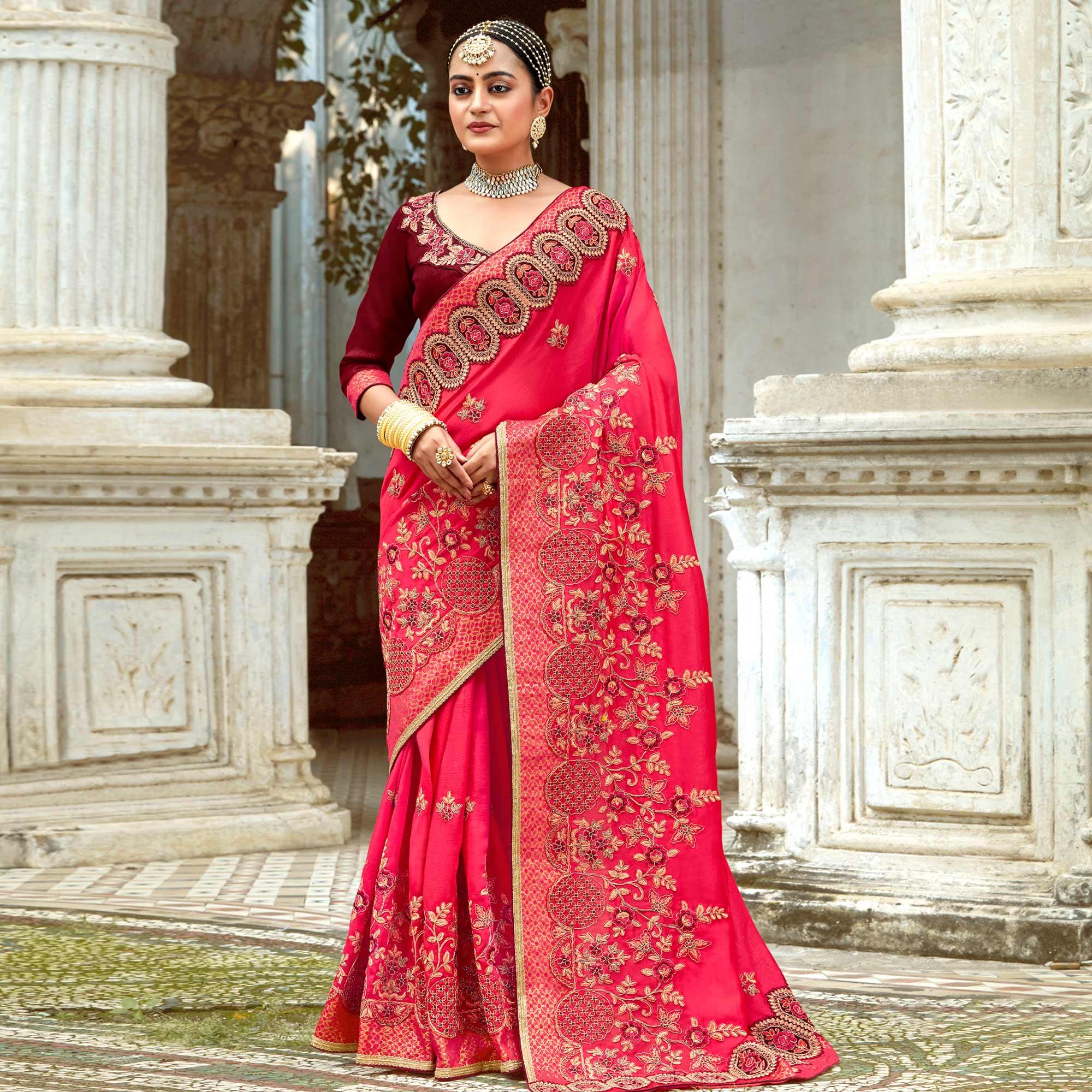 Pink Floral Embroidered Vichitra Silk Saree - Peachmode