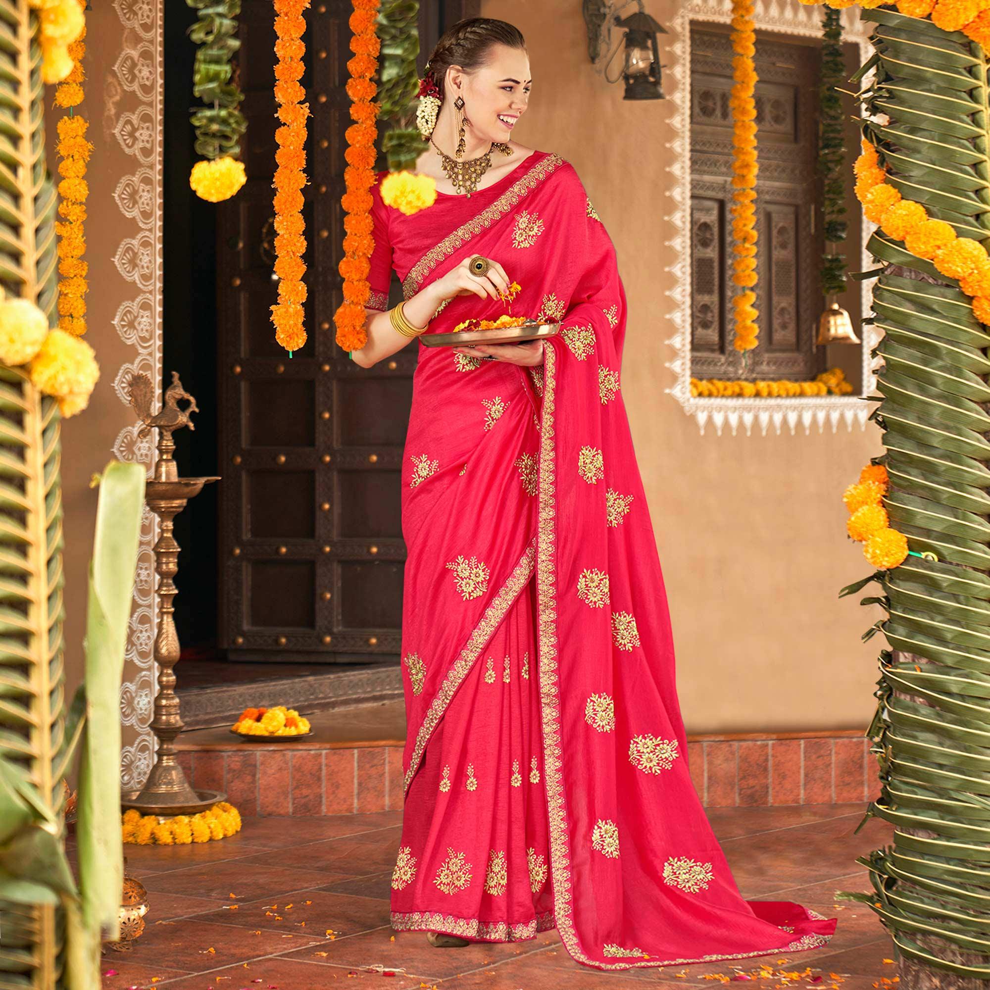 Pink Floral Embroidered Vichitra Silk Saree - Peachmode