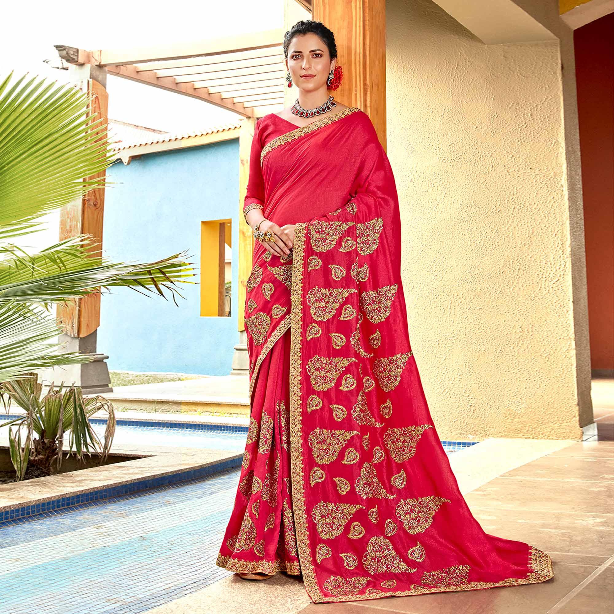 Pink Floral Embroidered Vichitra Silk Saree - Peachmode