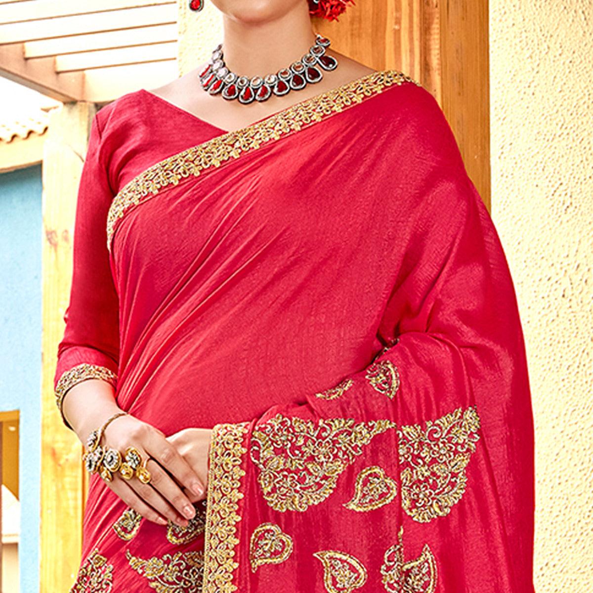 Pink Floral Embroidered Vichitra Silk Saree - Peachmode