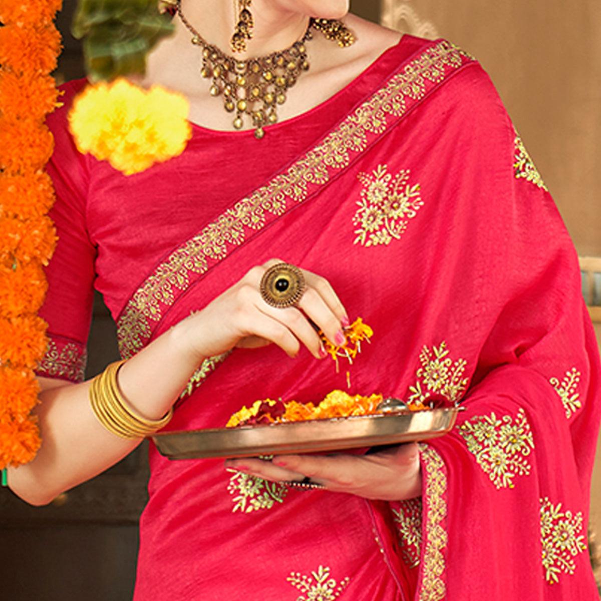 Pink Floral Embroidered Vichitra Silk Saree - Peachmode
