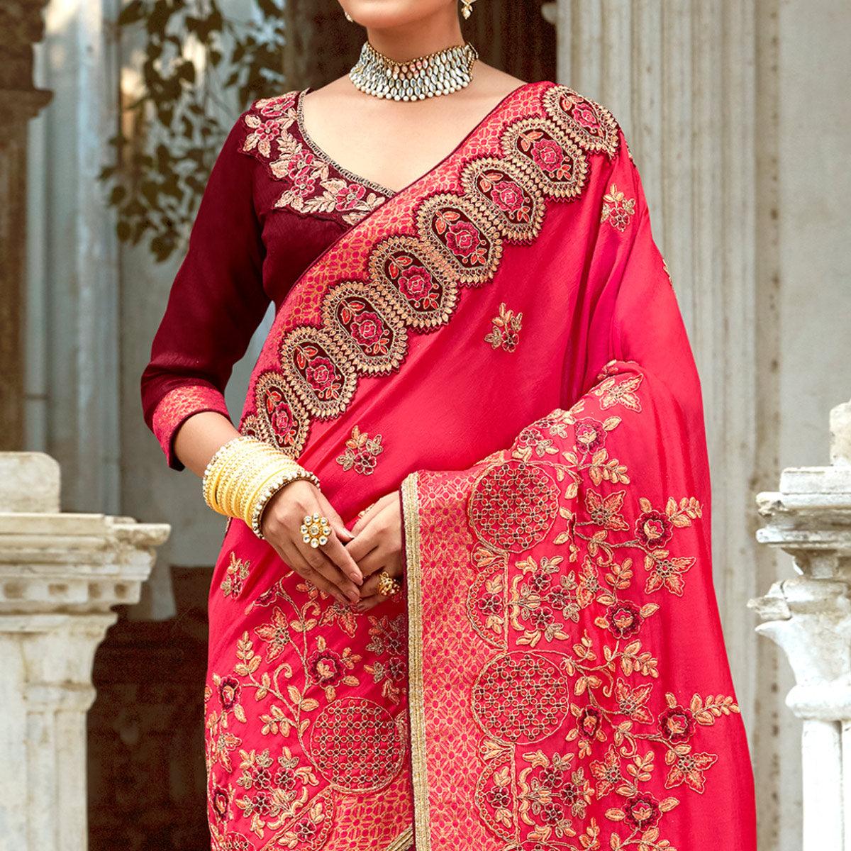 Pink Floral Embroidered Vichitra Silk Saree - Peachmode