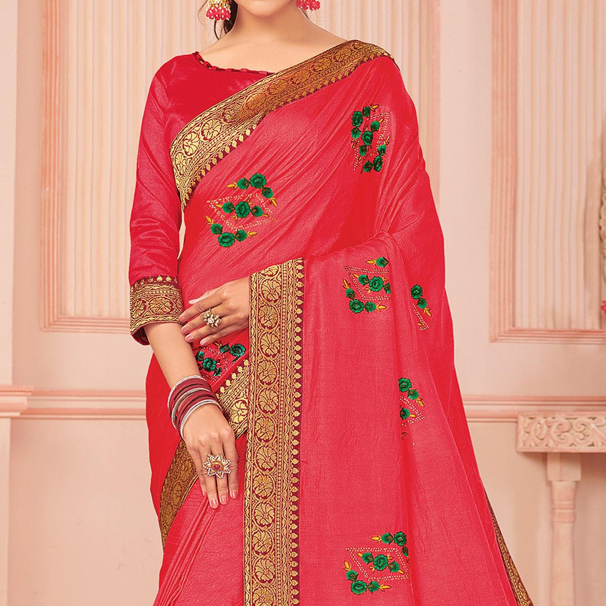 Pink Floral Embroidered Vichitra Silk Saree - Peachmode